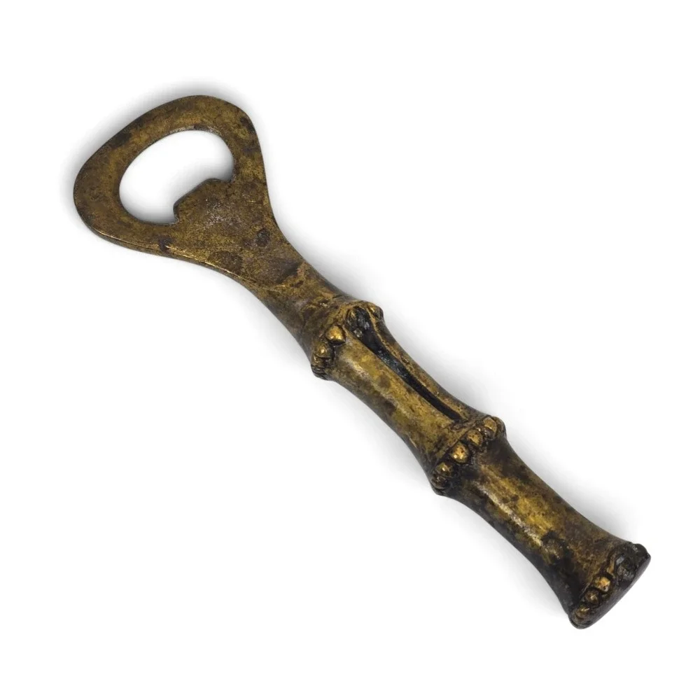 Vintage Brass Bamboo Handle Bottle Opener Heavy Barware 6